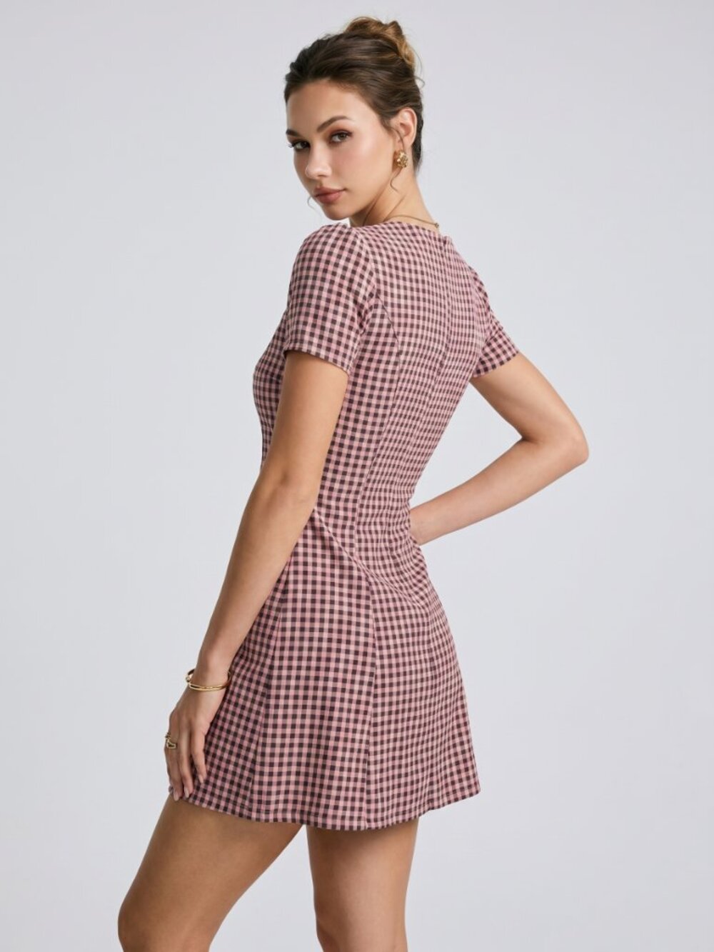 Women’s Pink Plaid Mini Dress V Neck Button Front Cottagecore Sundress - Picture 2 of 5